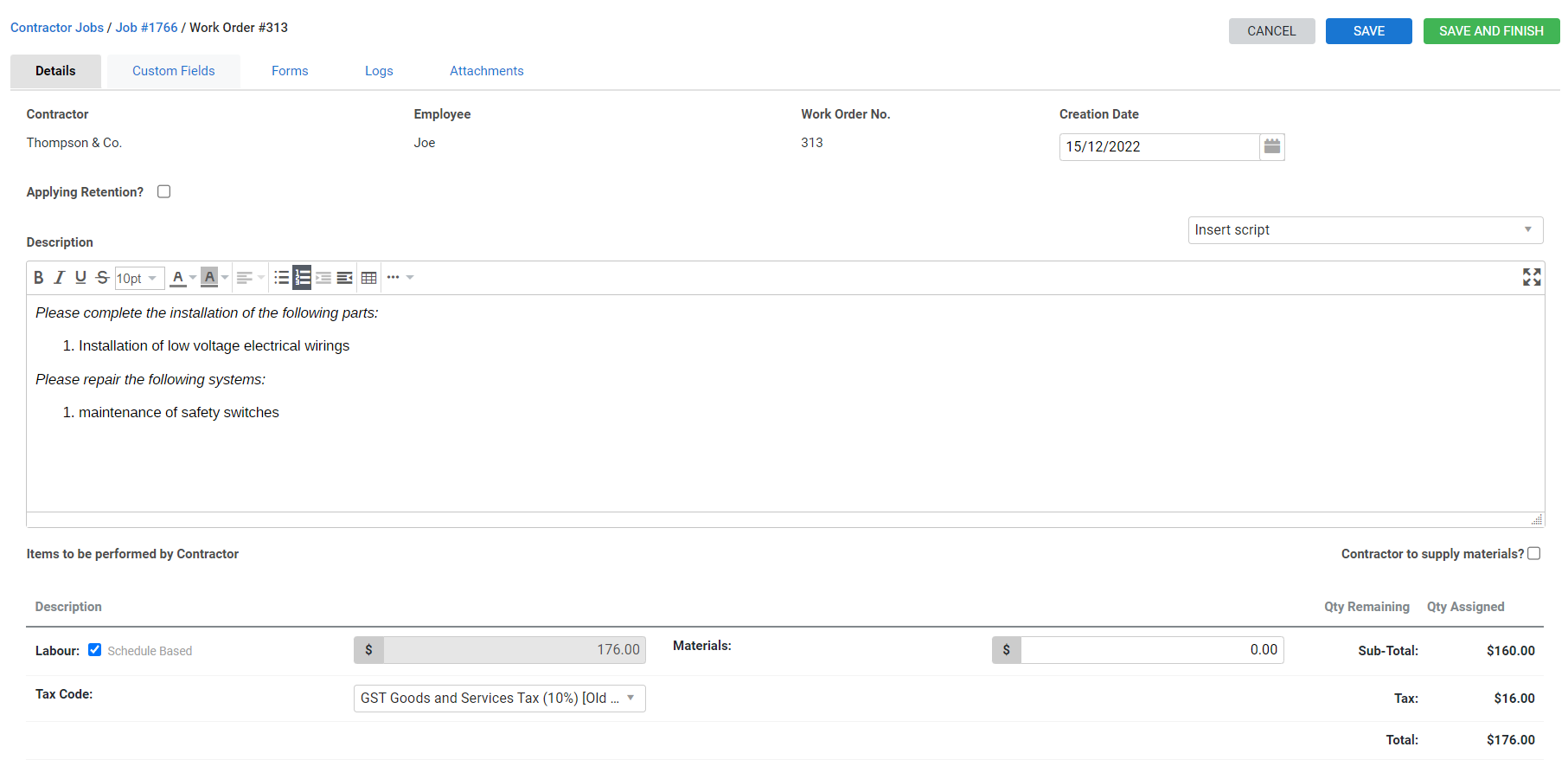 A screenshot of the Details tab in a contractor job.
