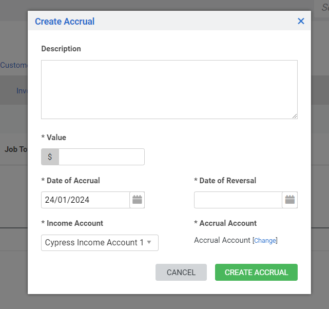 A screenshot of the Create Accrual pop-up.