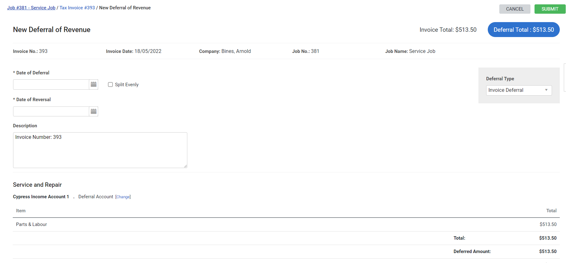 A screenshot of a new deferral of revenue.