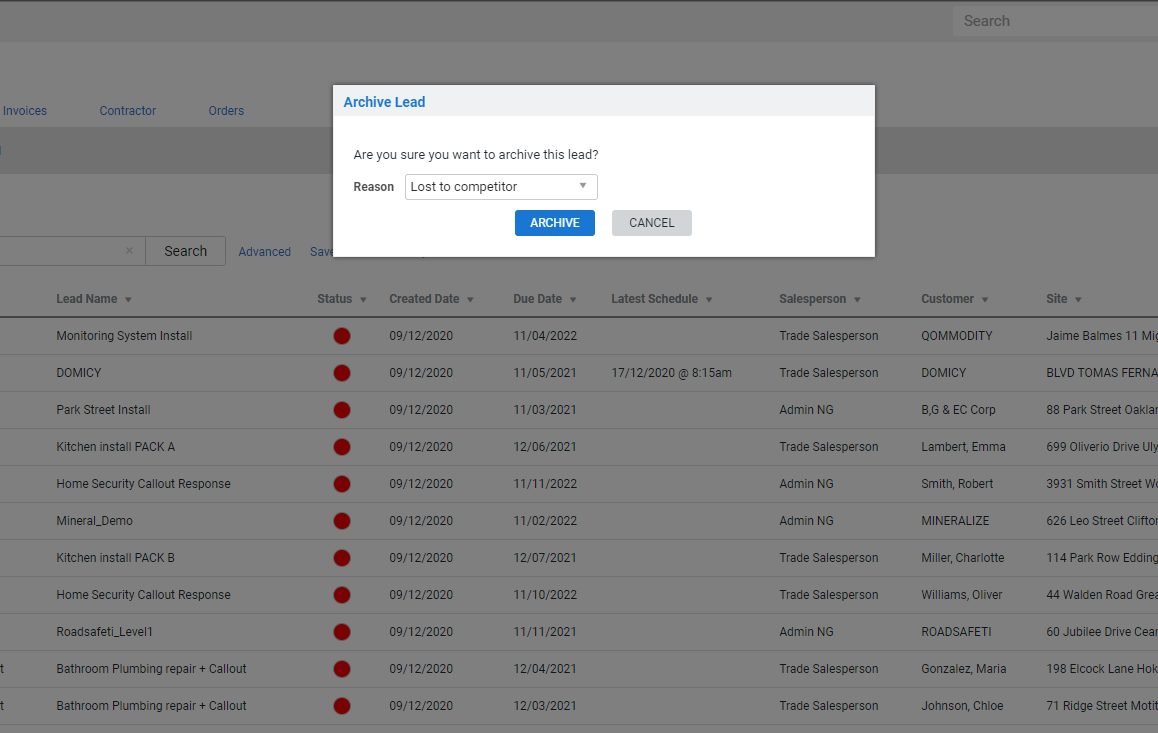 A screenshot of a lead being archived.