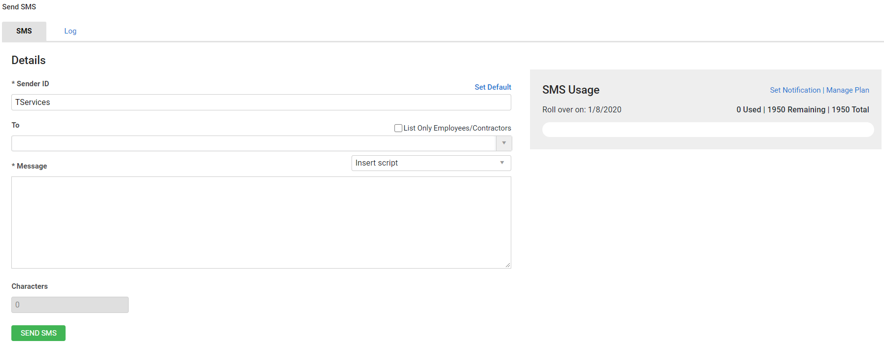A screenshot of the different plan options for SMS.