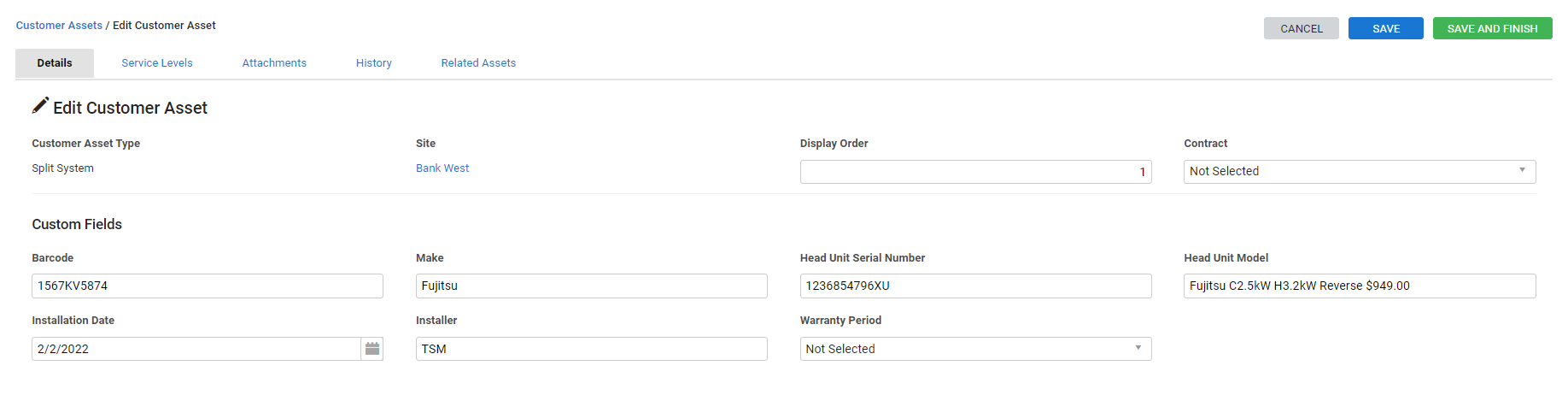 A screenshot of the asset details page with a completed barcode custom field.