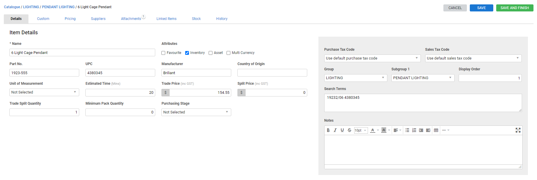 A screenshot of a catalogue item card file with a barcode in the Search Terms field.