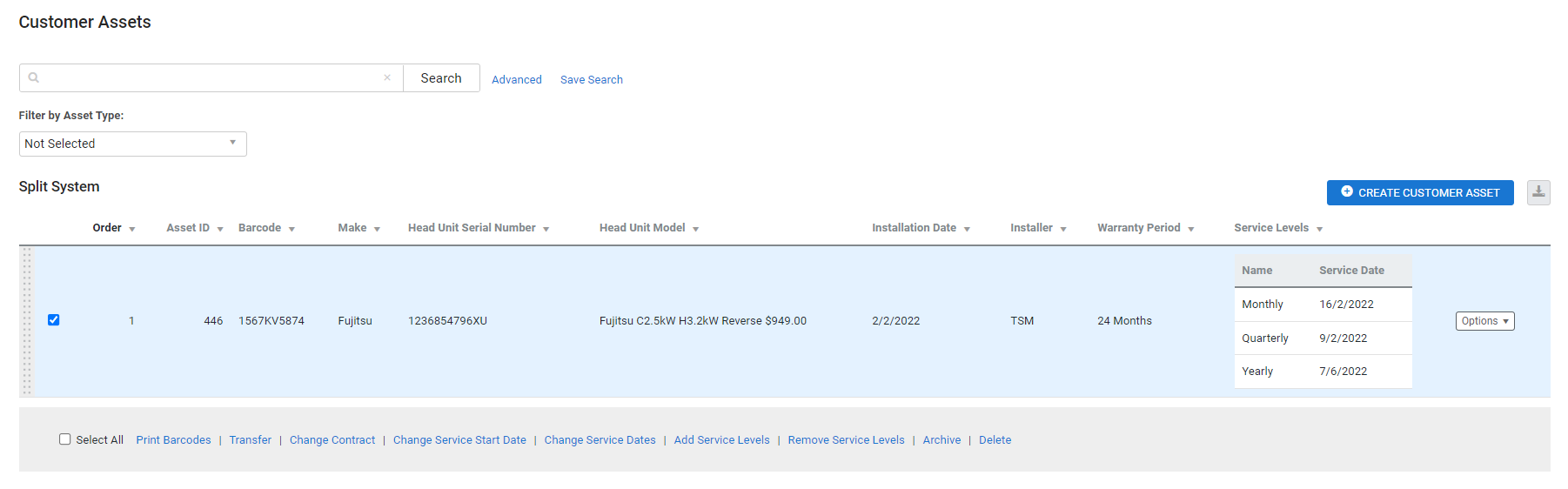A screenshot of an asset selected and the Print Barcodes option at the bottom of the page.