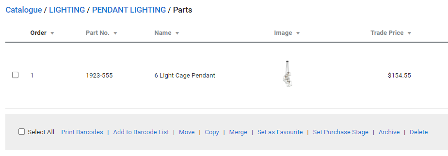A screenshot of a catalogue item and the Print Barcodes option.
