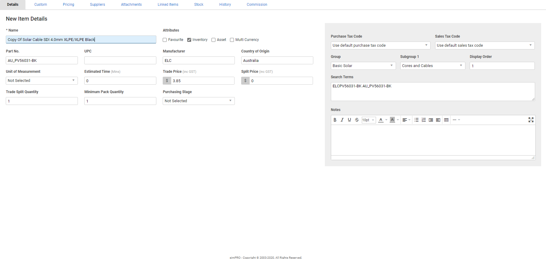 A screenshot of a catalogue item card file with 'Copy of' at the start of its name.