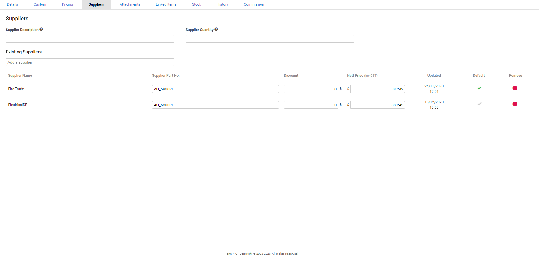 A screenshot of the Suppliers tab in a catalogue item.