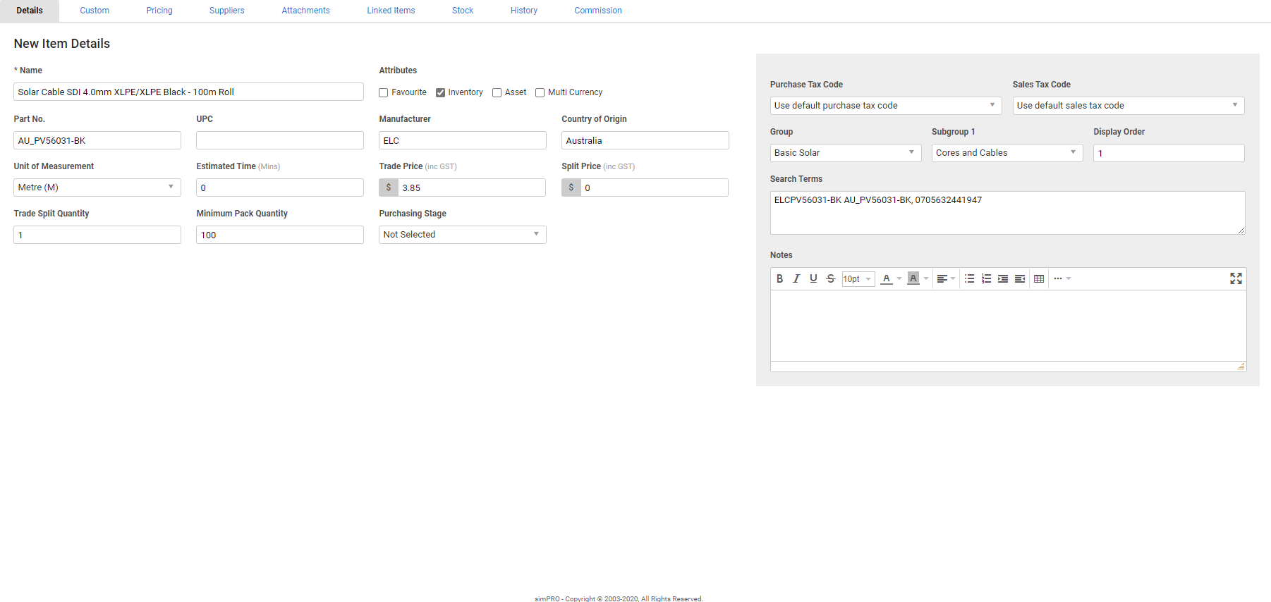 A screenshot of the Details tab in a catalogue item.