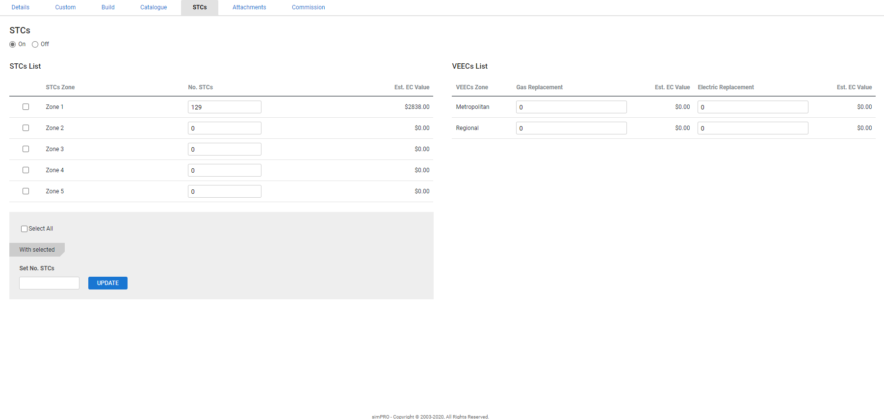 A screenshot of the STCs tab in a pre-build with the number of STCs per zone.