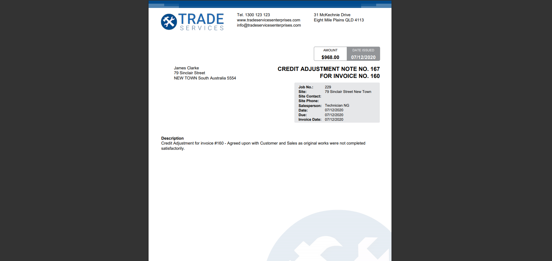 A screenshot of a credit note PDF form.