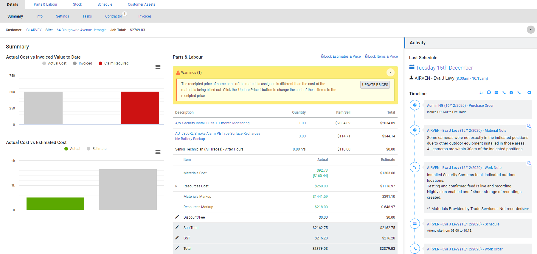 A screenshot of the Update Prices warning in a job.