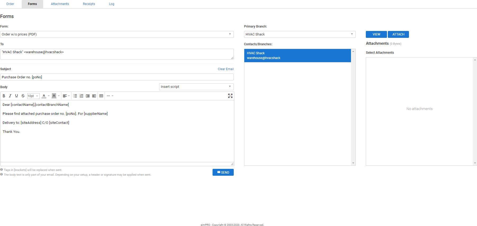 A screenshot of a purchase order being emailed.