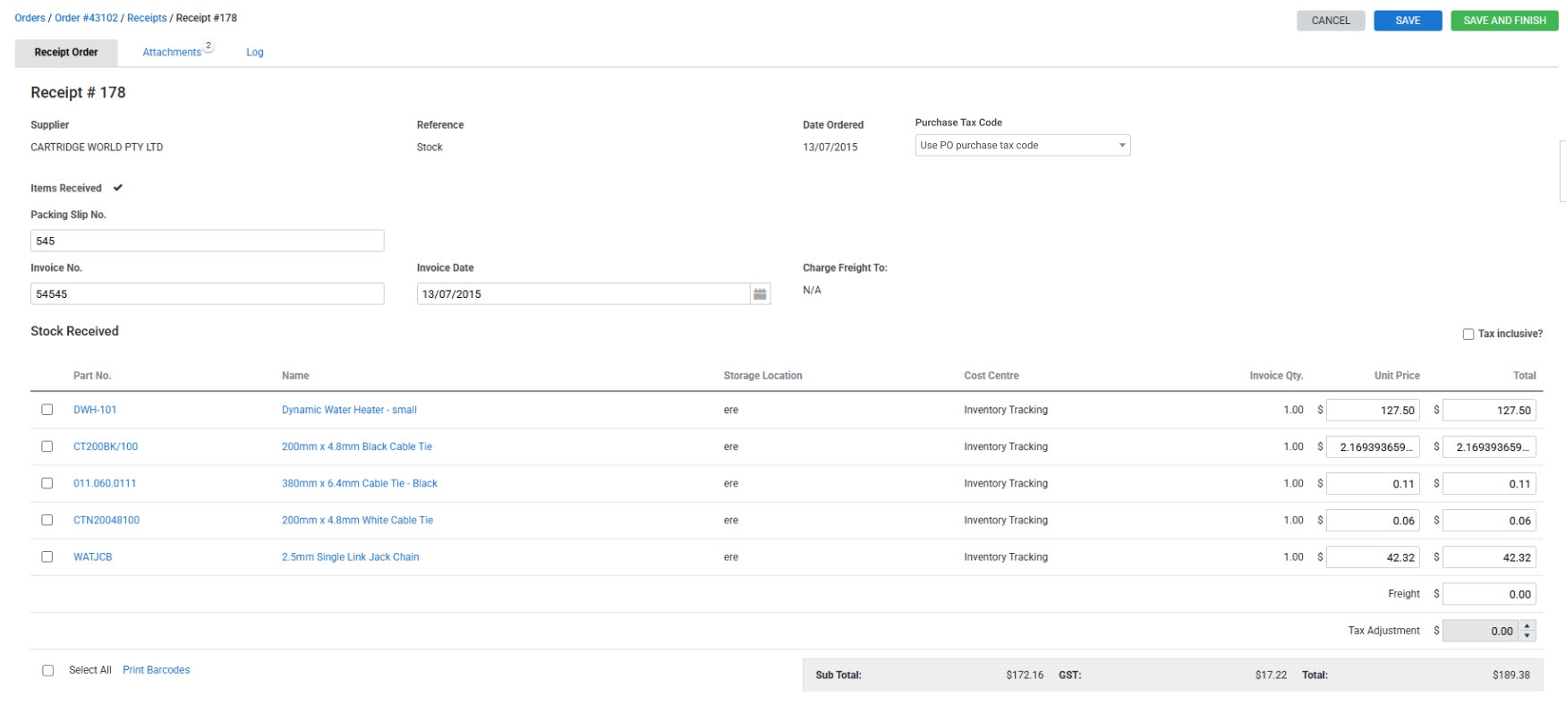 A screenshot of the Purchase Tax Code option.