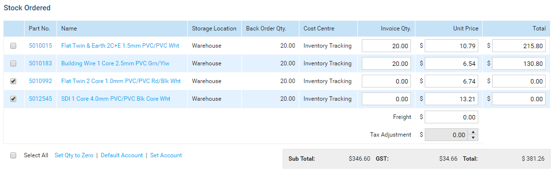 A screenshot of the Set Qty to Zero option under Stock Ordered.