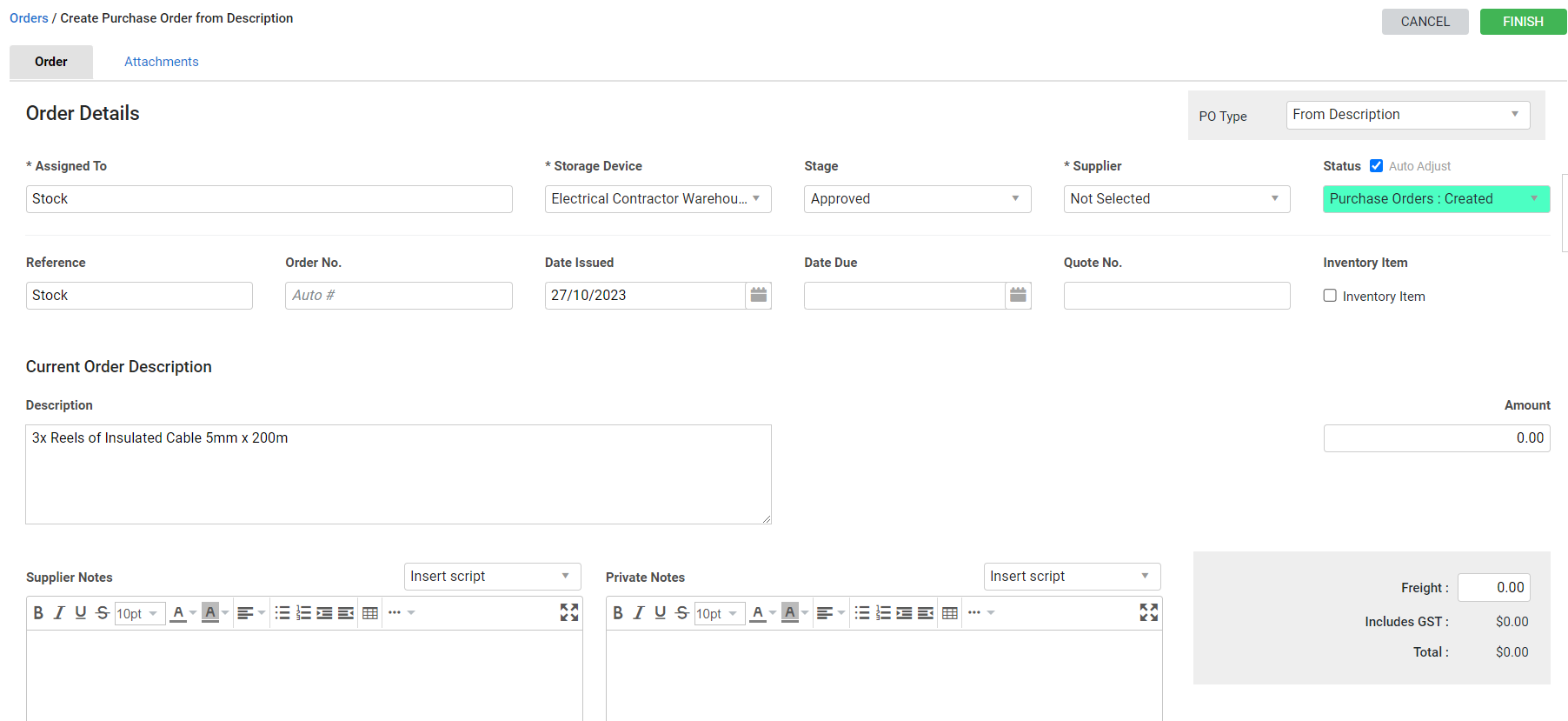 A screenshot of a catalogue description order.