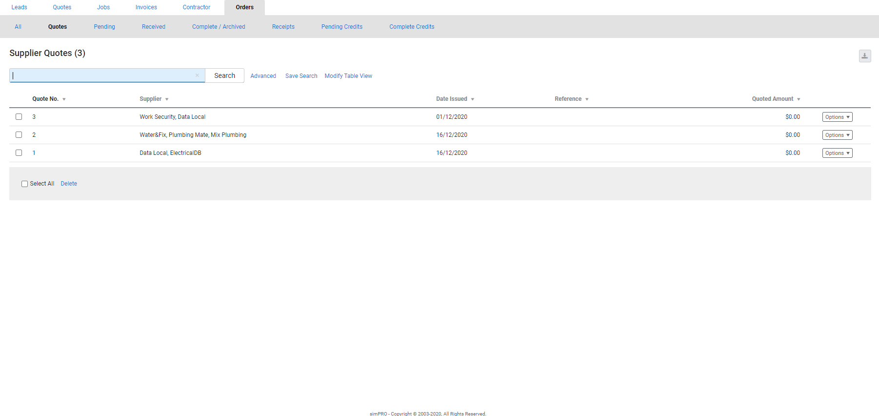 A screenshot of the Supplier Quotes table.