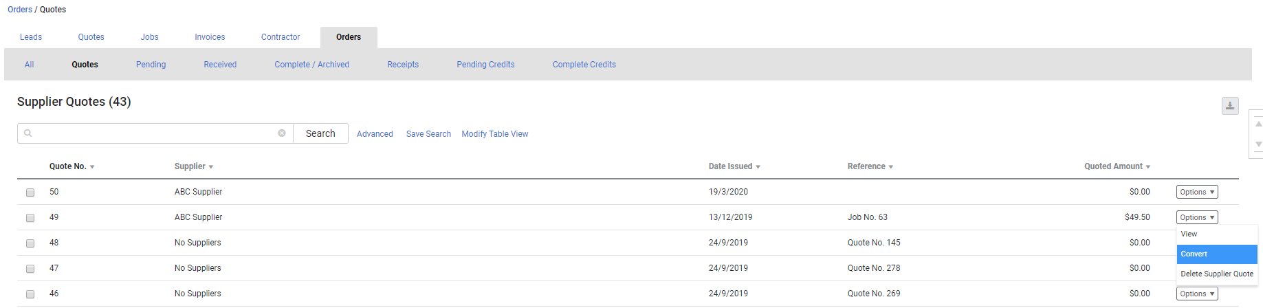A screenshot of the Convert option on a supplier quote.