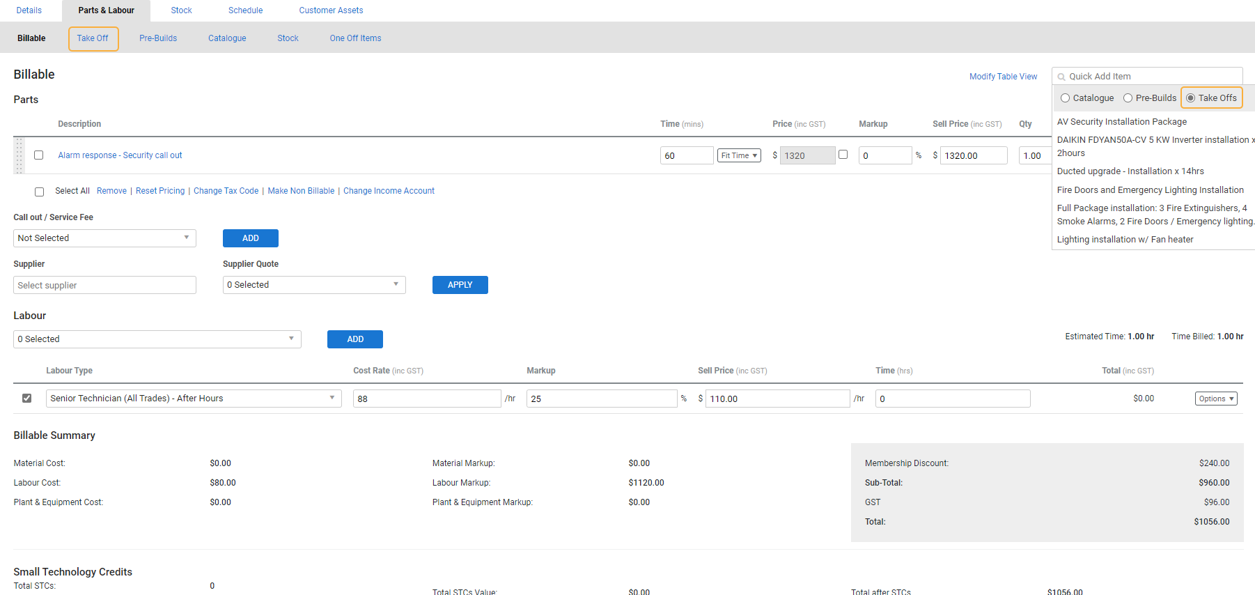 A screenshot of a take off template added to a job.