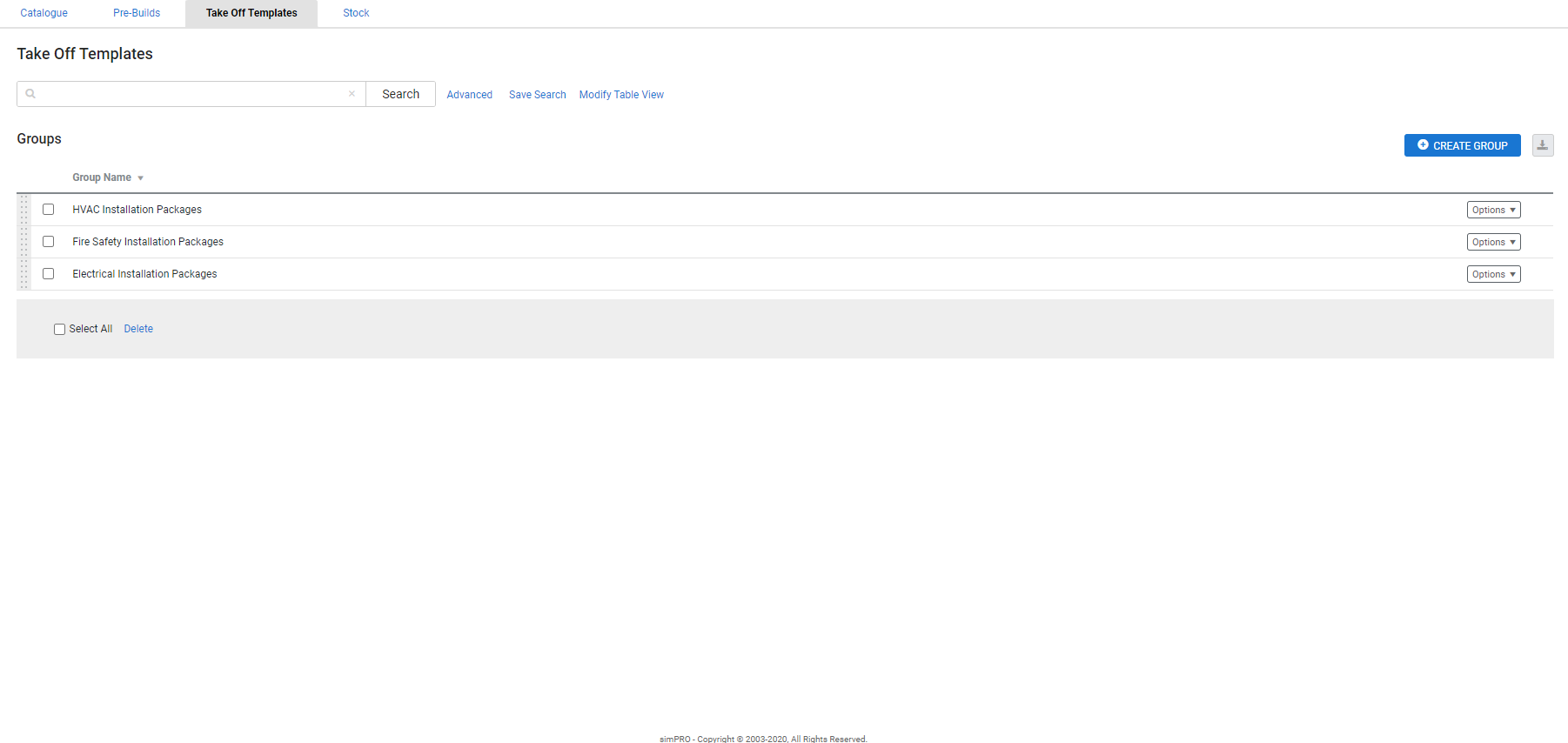 A screenshot of the options available in the Take Off Templates table.