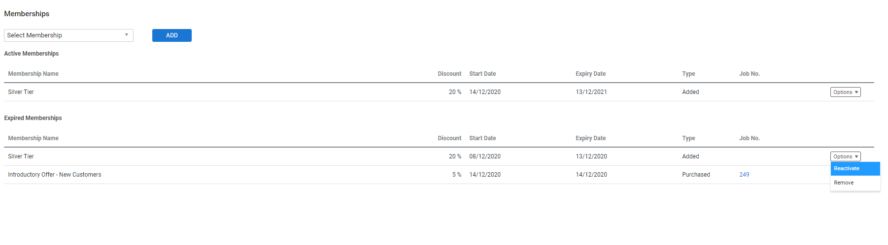 A screenshot of a reactivated Purchased membership in a customer card file.