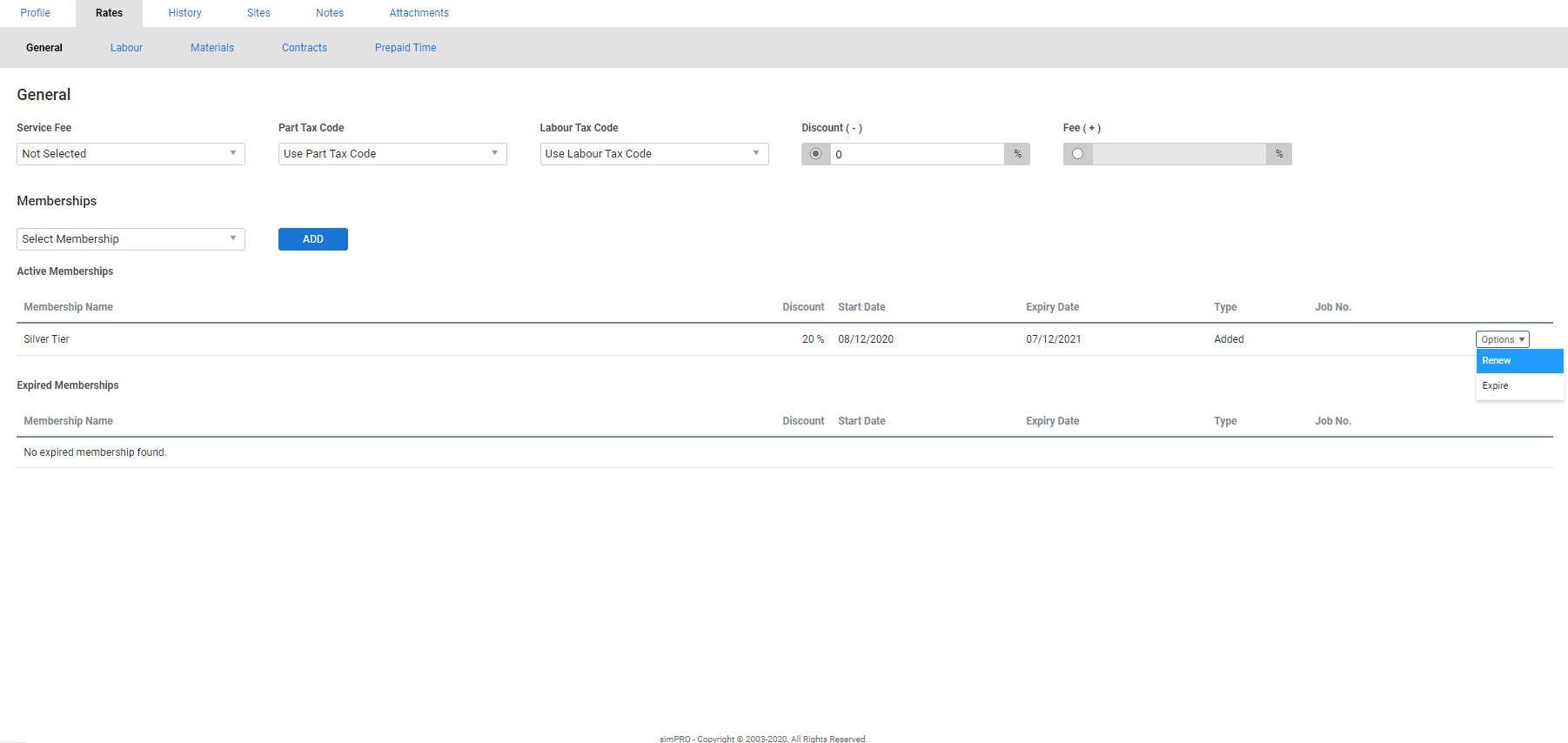 A screenshot of a reactivated Purchased membership in a customer card file.