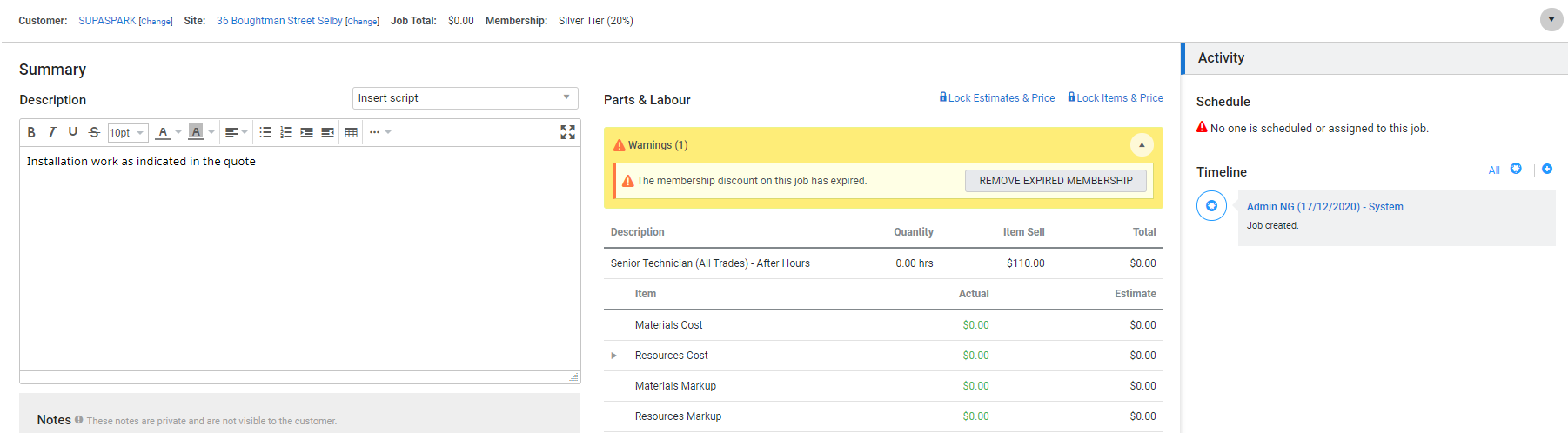 A screenshot of the yellow warning in a job that the applied membership has expired.