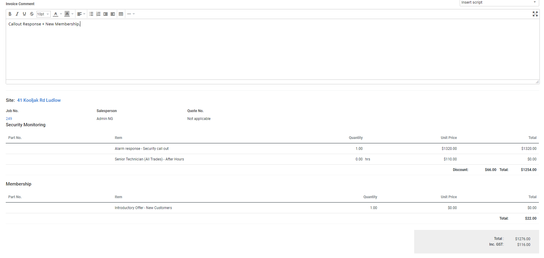 A screenshot of invoice totals with a membership discount applied.