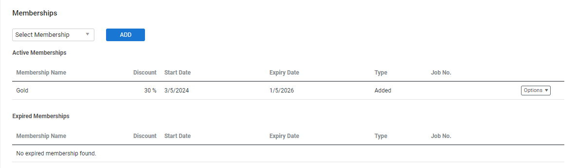 A screenshot of a purchased active membership in the customer card file.