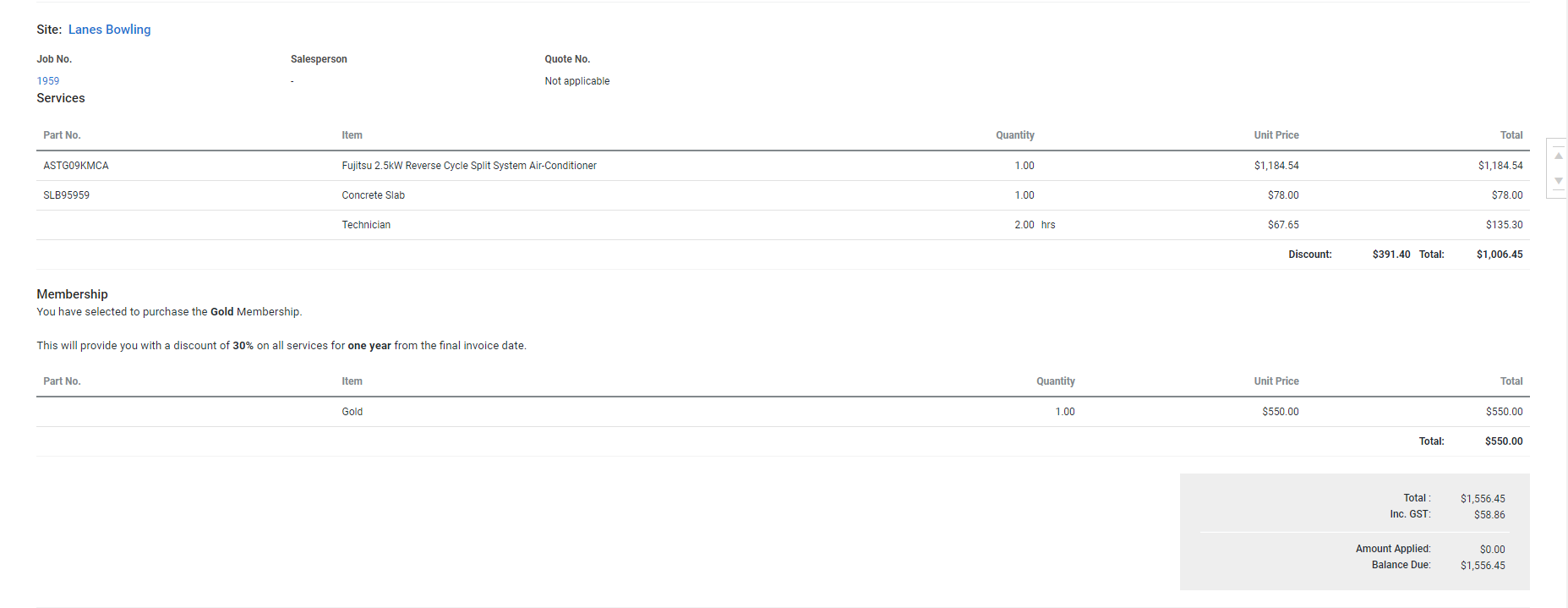 A screenshot of a membership cost centre in an invoice.