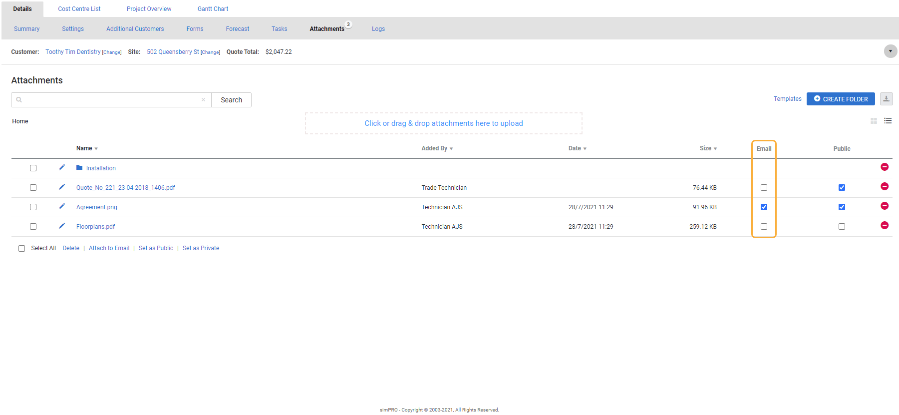 A screenshot of the Email check box on an attachment.
