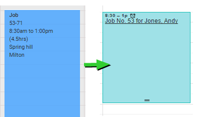 A screenshot of a job scheduled in Simpro Premium creating an event in Google Calendar.