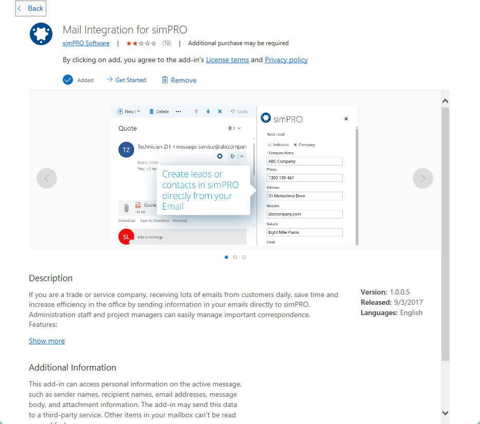 A screenshot of the outlook integration on Desktop.