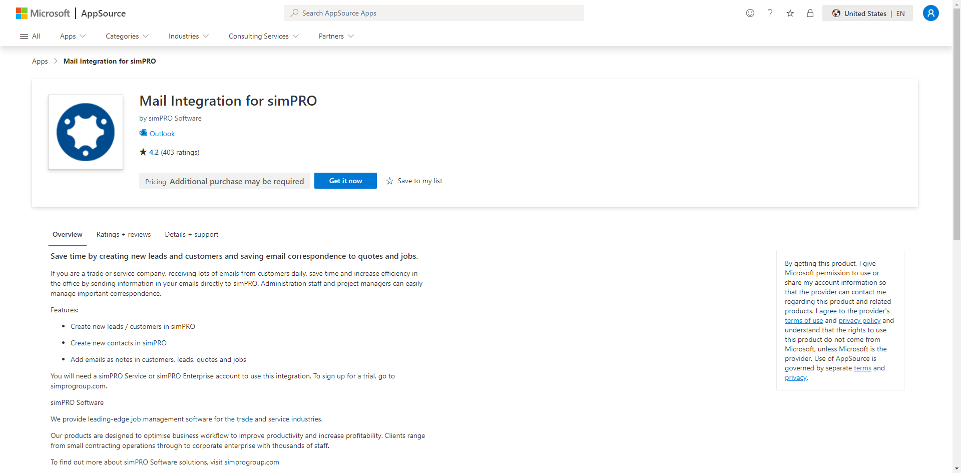 A screenshot of the Simpro Premium add-in in the store.