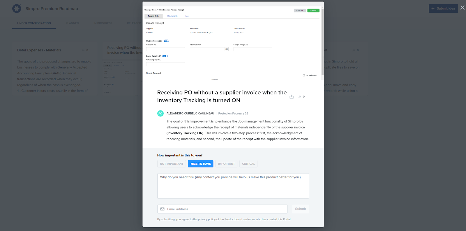 A screenshot of submitting a new idea in the Product Portal.