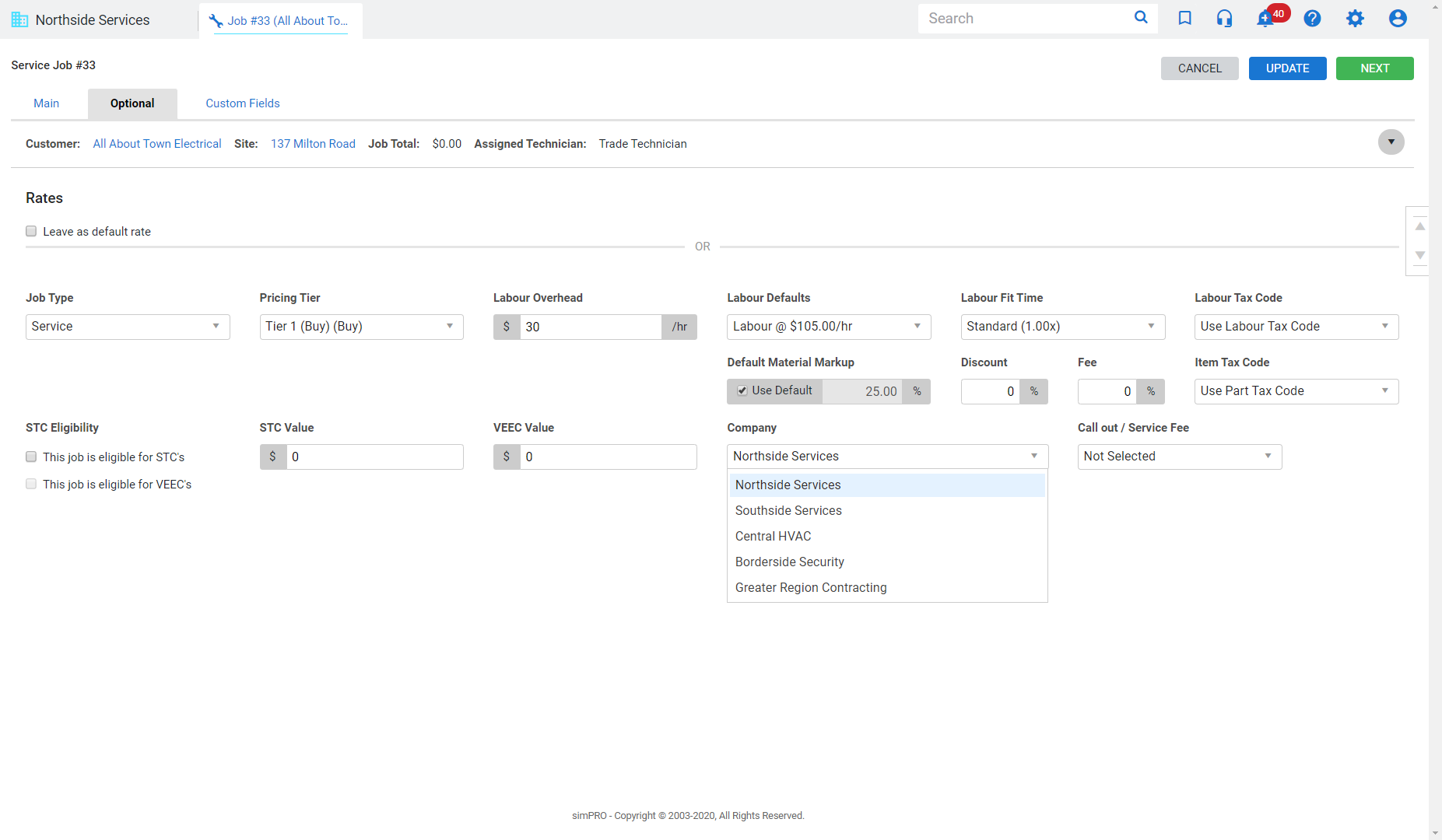 A screenshot of a job in a multi-company build.