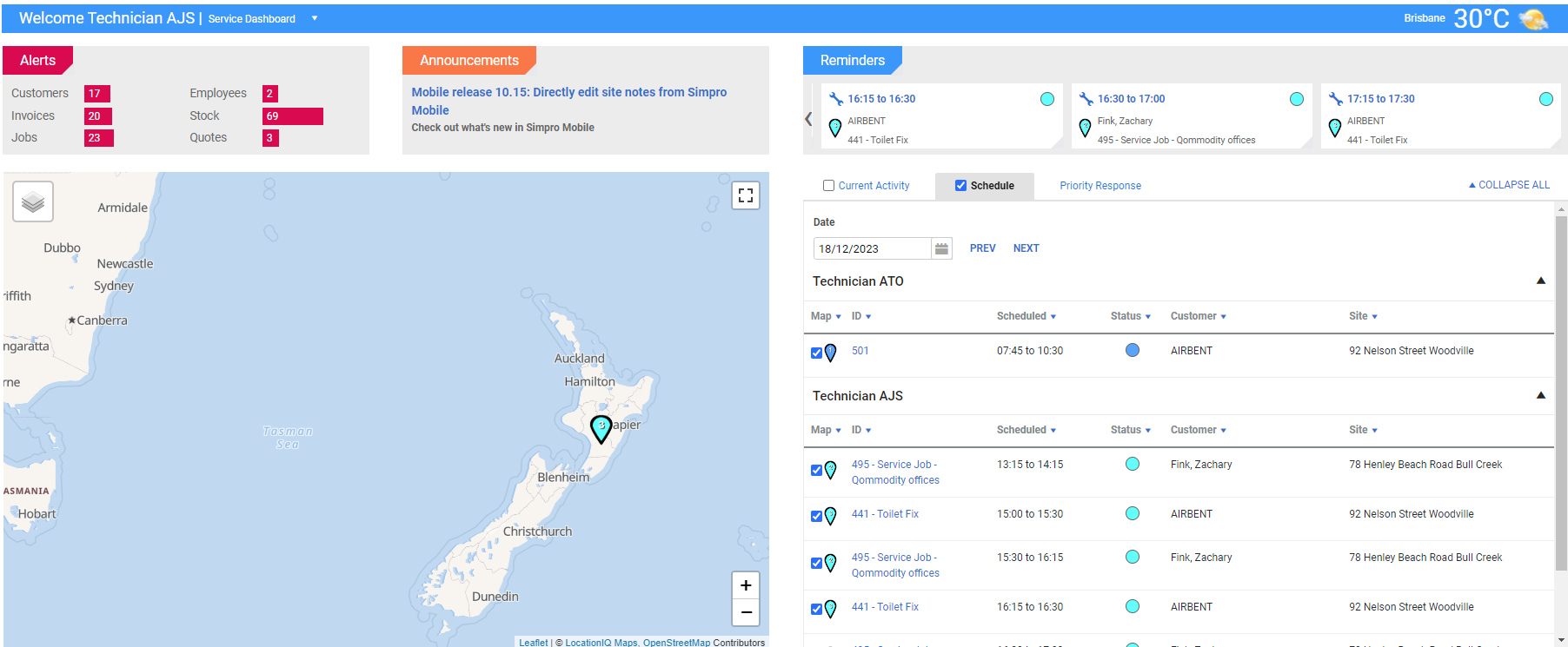 A screenshot of the Service Dashboard.