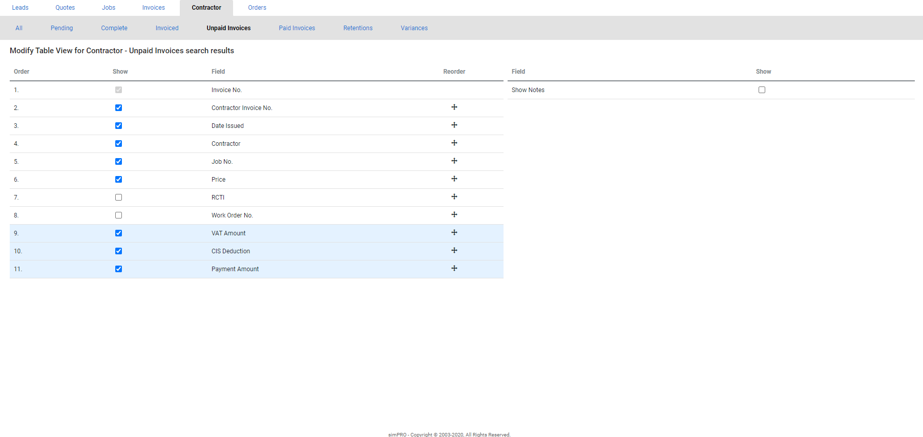 A screenshot of the CIS Deduction option in Modify Table View.