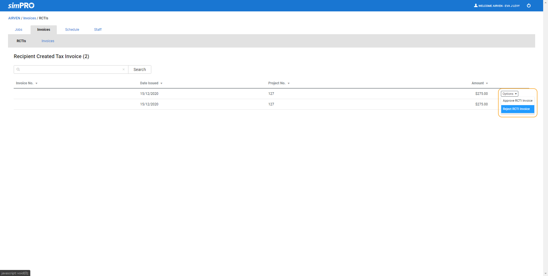 A screenshot of options on an RCTI.