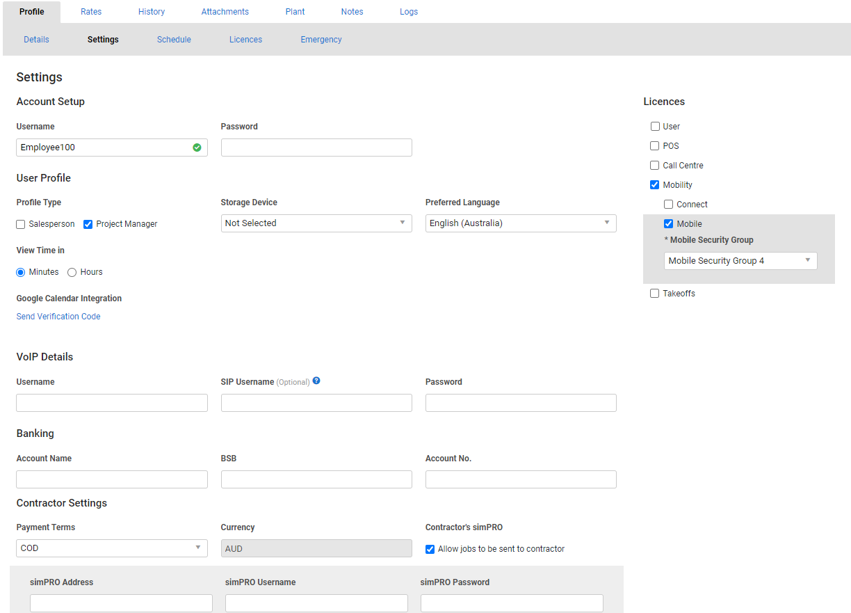 A screenshot of the Settings sub-tab in a contractor.