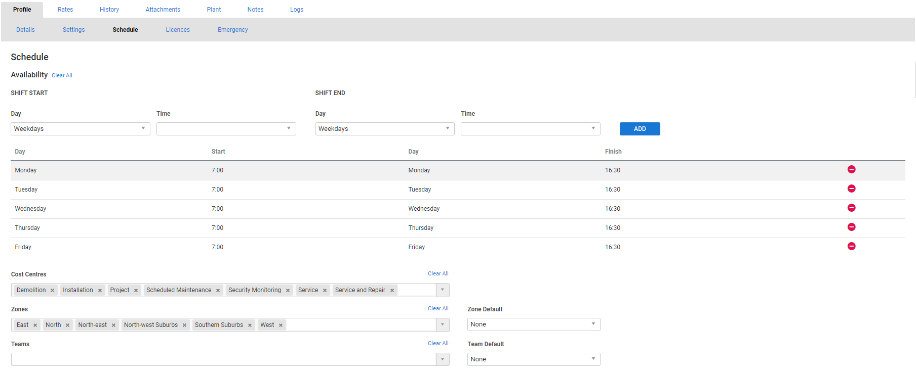 A screenshot of the schedule tab.