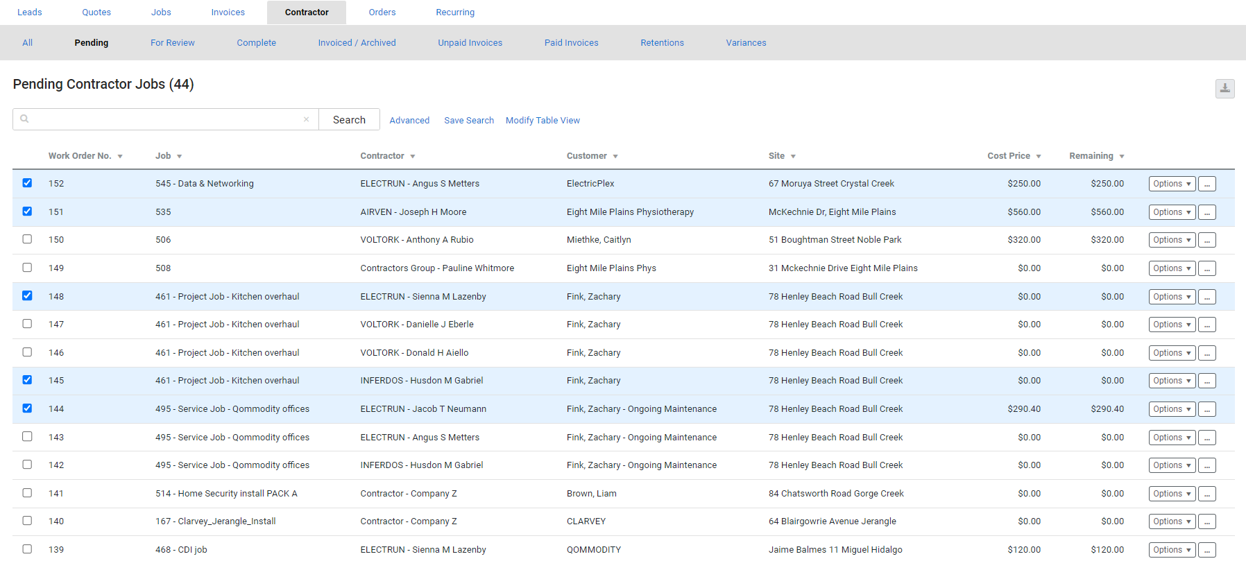 A screenshot of invoicing multiple orders.