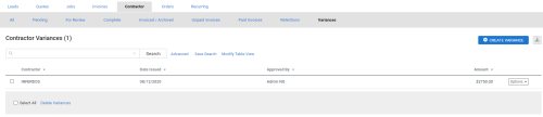 A screenshot of the Create Variance button.