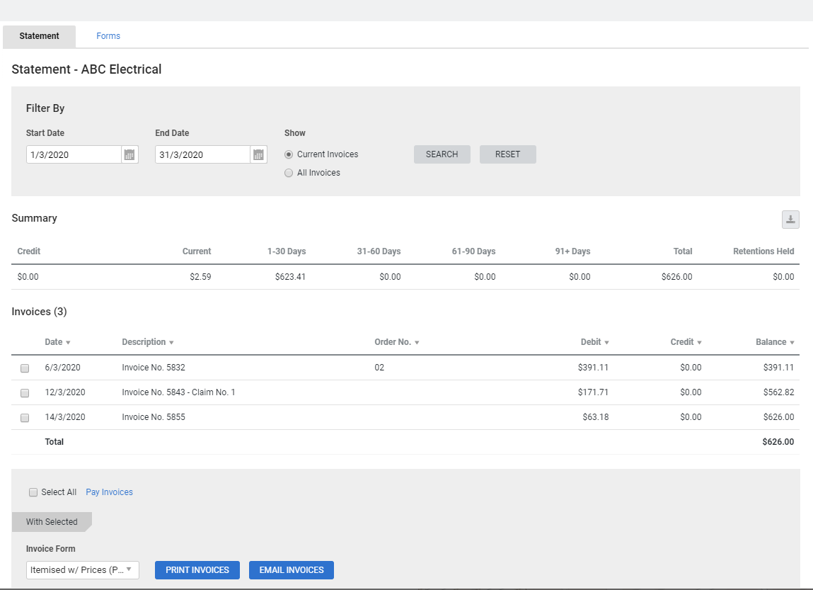 A screenshot of a customer statement.
