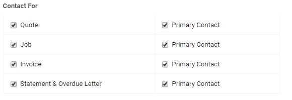 A screenshot of the primary contact check boxes for quotes, jobs, invoices, and statements in a customer contact.