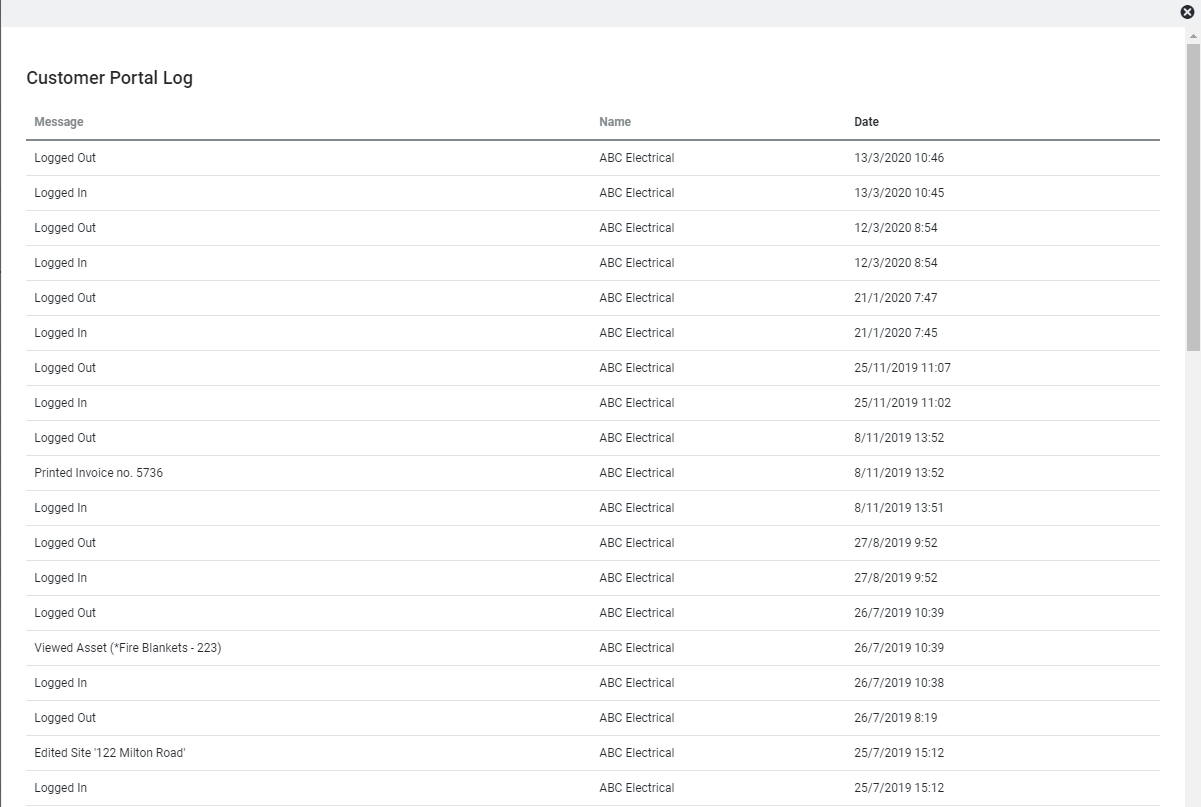A screenshot of the Customer Portal Log.