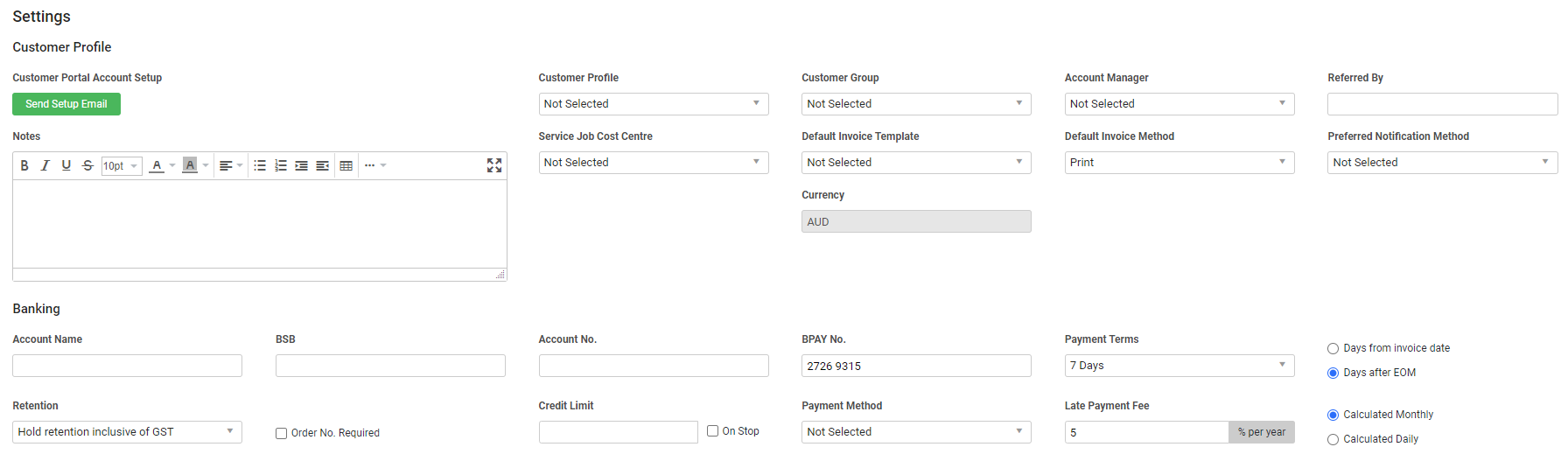 A screenshot of the Settings page in a customer.