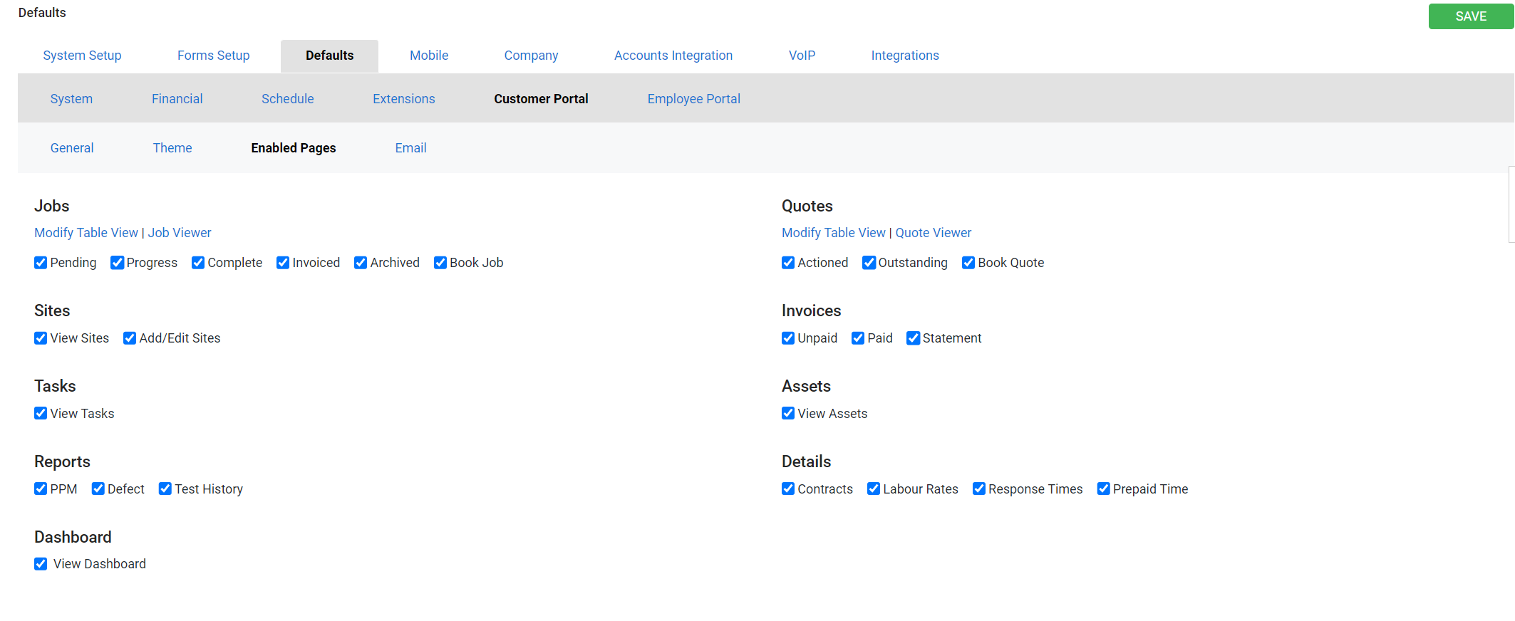 A screenshot of the Enabled Pages setup page.