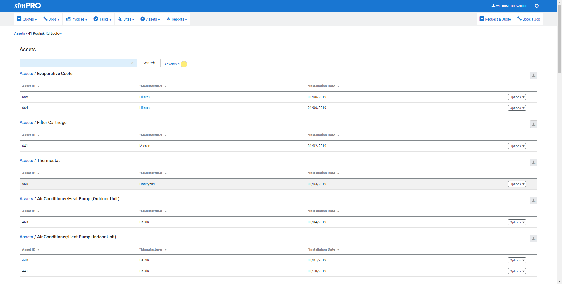 A screenshot of the options to request a quote or book a job from an asset.