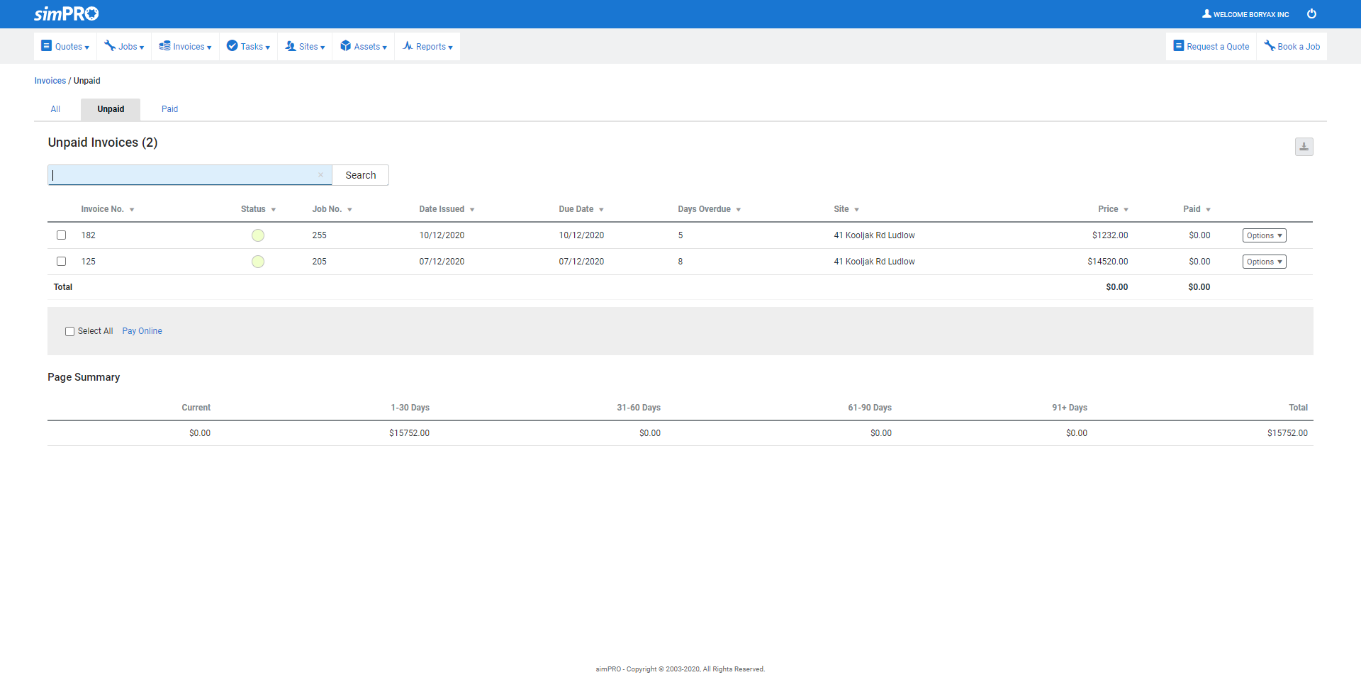 A screenshot of the Unpaid tab in the customer portal.