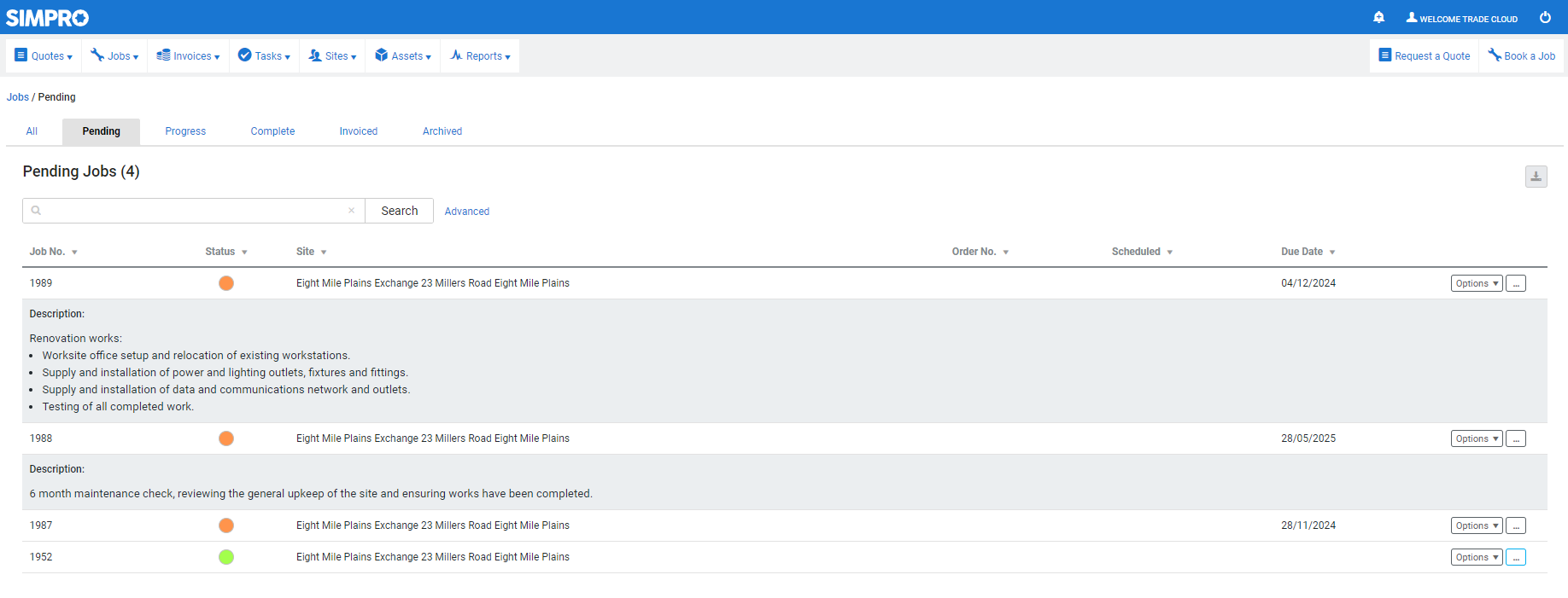 A screenshot of the Pending jobs tab in the customer portal.